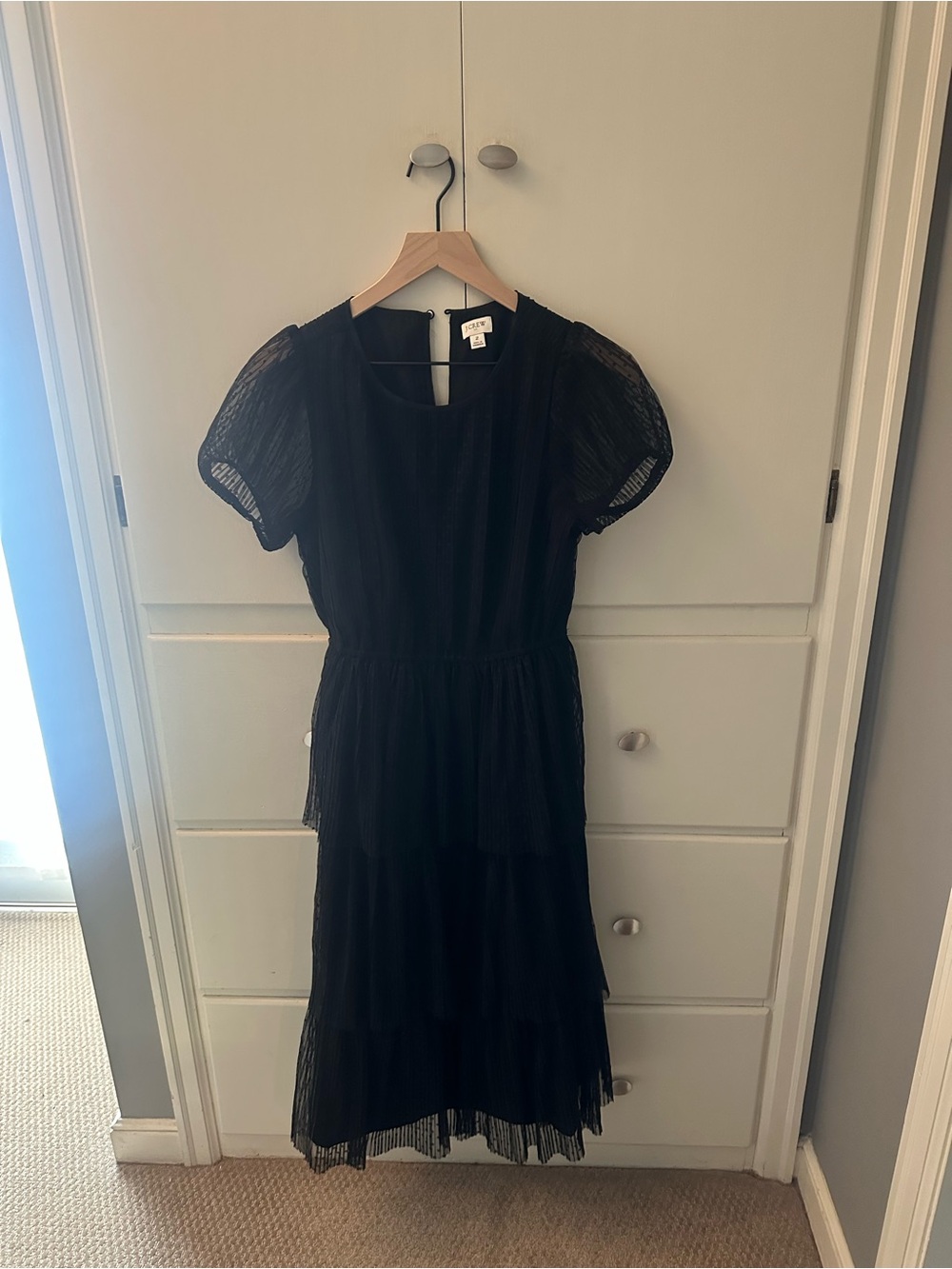 J. Crew Black Tiered Midi Dress with Sheer Puff Sleeves